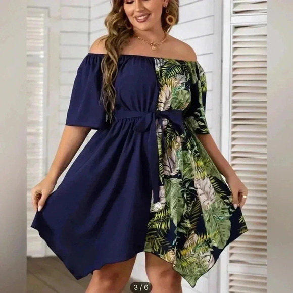 SHEIN Plus Tropical Off The Shoulder Belted Dress - Picture 1 of 7